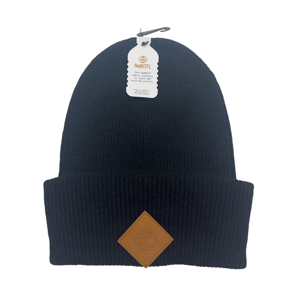 Timberland Beanie Mens Black Rib Knit Logo Hat ReBOTL One‎ Size TB0A2PN8